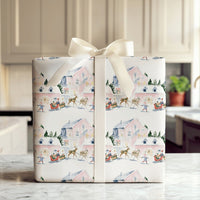 Watercolor Santa Sleigh Gift Wrap, Snowy Village Christmas Wrapping Paper, Whimsical Winter Village Wrapping Paper, Holiday Gift Wrap