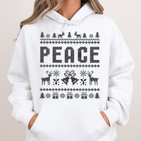 Nordic Reindeer Holiday Hooded Sweatshirt, Peace Ugly Christmas Hoodie, Retro Xmas Graphic Hoodie, Festive Family Matching Pullover Hoodie