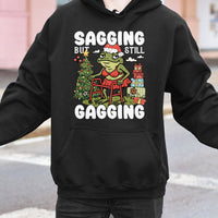 Humorous Adult Humor Christmas Hoodie, Sagging but Still Gagging Frog Hoodie, Rude Holiday Frog Meme Sweatshirt, Graphic Sarcastic Pullover