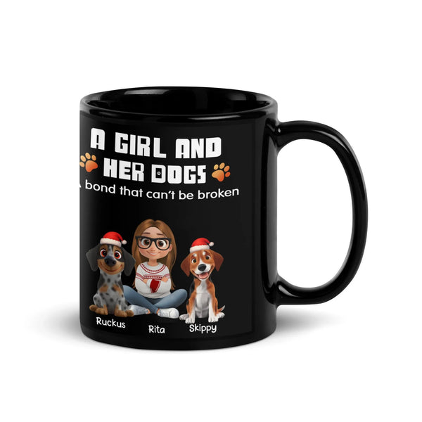 Girl and Her Dogs Santa Hat Coffee Mug, Custom Christmas Dog Mom Ceramic Mug, Adorable Pet Holiday Coffee Cup, Dog Lover Xmas