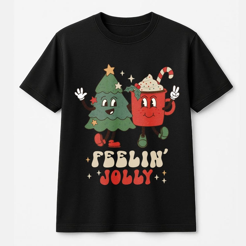 Retro Holiday Tree and Cocoa Graphic Tee, Feelin' Jolly Christmas T-Shirt, Vintage Xmas Party Shirt, Adorable Winter Apparel for Women