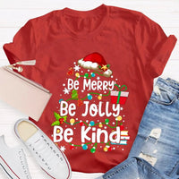 Santa Hat Fairy Lights Graphic Tee, Be Merry Be Jolly Be Kind Christmas T-Shirt, Holiday Family Shirt, Xmas Party Top