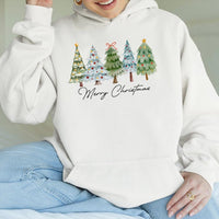 Watercolor Holiday Tree Graphic Sweatshirt, Merry Christmas Tree Hoodie, Festive Winter Season Hooded Pullover, Comfy Xmas Apparel
