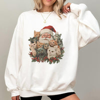 Adorable Cat Christmas Holiday Sweater, Santa Claus Kittens Sweatshirt, Festive Kitten Xmas Graphic Crewneck, Adorable Winter Pet Lover Pullover