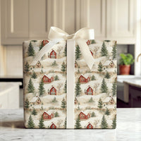 Rustic Winter Village Gift Wrap, Snowy Red Cabin Christmas Wrapping Paper, Vintage Cottage Wrapping Paper, Holiday Present Gift Wrap Roll