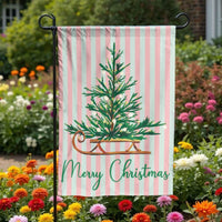 Pink Mint Stripe Xmas Yard Flag, Vintage Sleigh Merry Christmas Garden Flag, Retro Tree Outdoor Flag, Festive Holiday Lawn Porch Banner