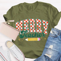 Holiday Educator Graphic Tee, Plaid Pencil Merry Teacher Christmas T-Shirt, Adorable Winter School Teacher Shirt, Christmas Teacher Present