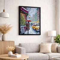 Snowy Cityscape Yellow Taxi Red Umbrella Print, NYC Christmas Canvas Wall Art, Winter New York City Canvas Decor, Holiday Wall Art