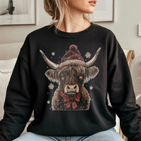 Western Farmhouse Cow Santa Hat Crewneck, Highland Cow Christmas Sweatshirt, Rustic Country Holiday Pullover, Winter Animal Sweater