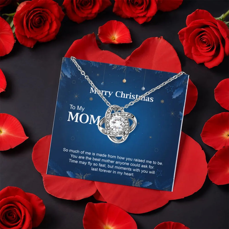 White Gold Finish Love Knot Pendant, Mom Christmas Love Knot Necklace, Holiday Message Card Knot Necklace, Present from Daughter or Son