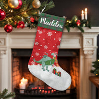 Custom Name Holiday Dino Stocking, Personalized Dinosaur Christmas Stocking, Adorable Kids Xmas Stocking, Festive Family Fireplace Decor Present