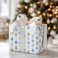 Blue Green Garland Gift Wrap, Watercolor Ornament Christmas Wrapping Paper, Holiday Botanical Wrapping Paper, Elegant Winter Gift Wrap Roll