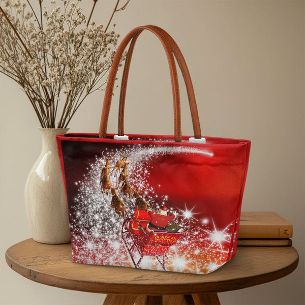 Sparkly Holiday Tote Bag, Christmas Santa Sleigh Reindeer Tote Bag, Festive Winter Graphic Shoulder Tote Bag, Large Daily Han