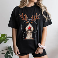 Reindeer Antlers Puppy Dog Graphic Tee, Bernedoodle Christmas T-Shirt, Doodle Pet Holiday Shirt, Adorable Dog Mom Winter Season Graphic Top