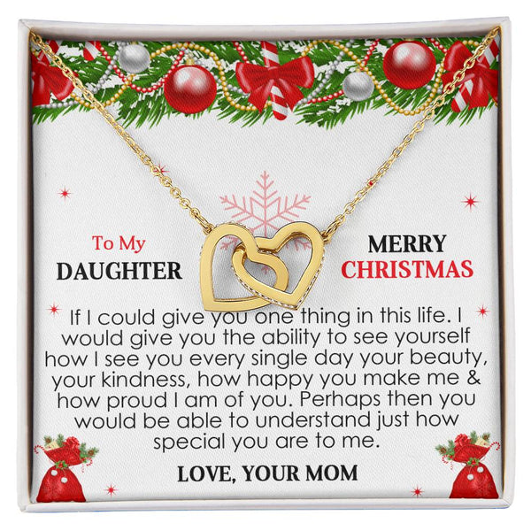 Daughter Christmas Present from Mom, Interlocking Hearts Necklace, Cubic Zirconia Heart Pendant, Polished Surgical Steel Holi