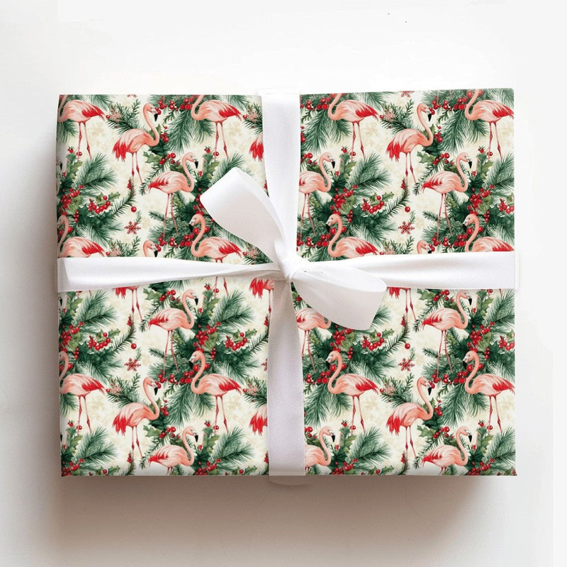 Tropical Holiday Gift Wrap, Pink Flamingo Christmas Wrapping Paper, Adorable Flamingo Wrapping Paper, Winter Holly Gift Wrap, Xmas Gift Wrap