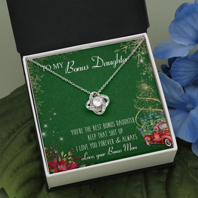 14k White Gold Love Knot Necklace, Bonus Daughter Love Knot Necklace, Message Card Pendant Necklace, Christmas Holiday Present for Stepdaughter