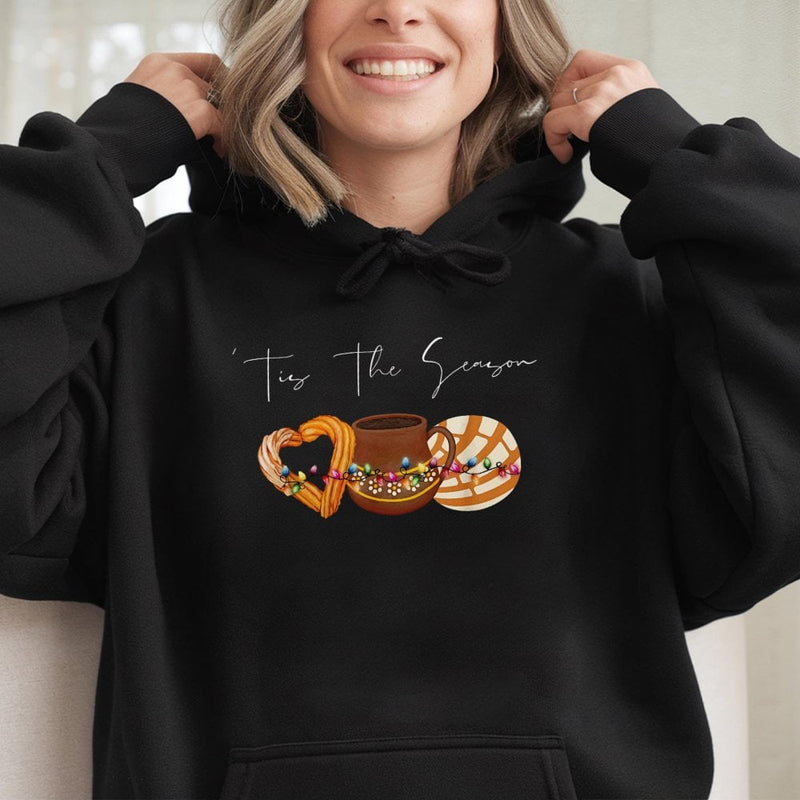 Concha Churro Hot Chocolate Hooded Sweatshirt, Tis the Season Mexican Christmas Hoodie, Pan Dulce Holiday Sweater, Mexican Food Xmas Hoodie