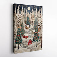Winter Forest Landscape Wall Art, Snowy Christmas Village Canvas Print, Comfy Holiday Scene Canvas, Seasonal Home Decor, Winter Present
