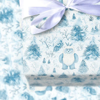 Adorable Abominable Snowman Gift Wrap Roll, Yeti Christmas Wrapping Paper, Blue Winter Forest Present Paper, Whimsical Holiday Gift Wrapping