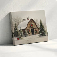 Snowy Winter Farmhouse Canvas, Christmas Barn Canvas Wall Art, Rustic Holiday Evergreen Canvas Print, Country Home Decor, Digital Download