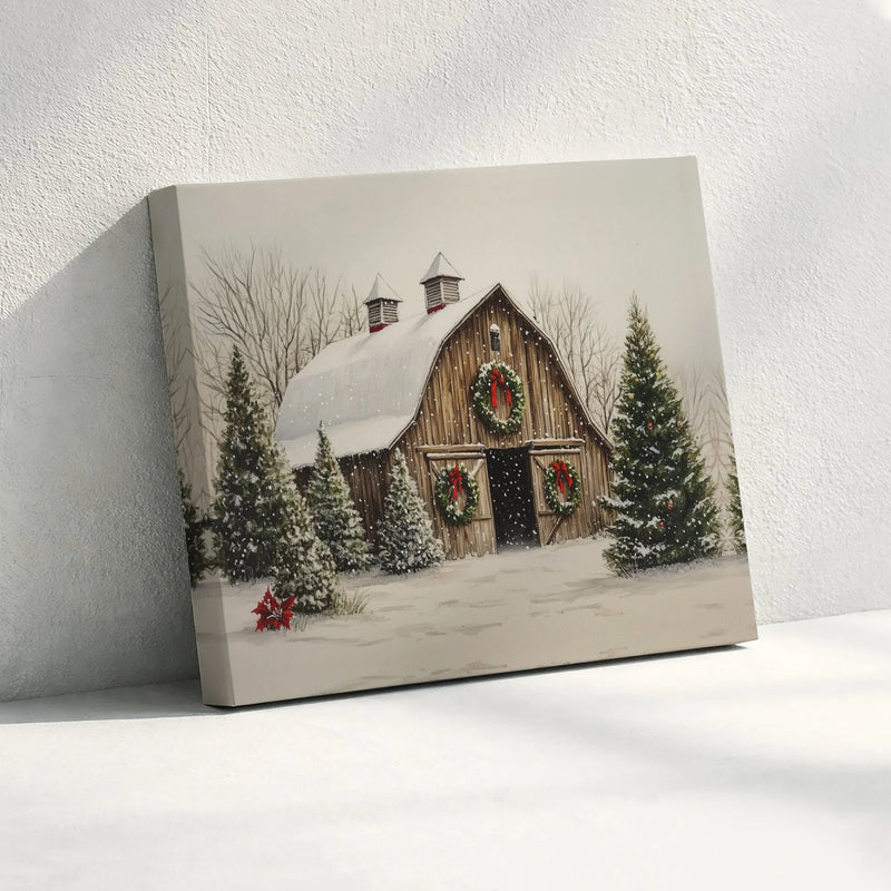Snowy Winter Farmhouse Canvas, Christmas Barn Canvas Wall Art, Rustic Holiday Evergreen Canvas Print, Country Home Decor, Digital Download