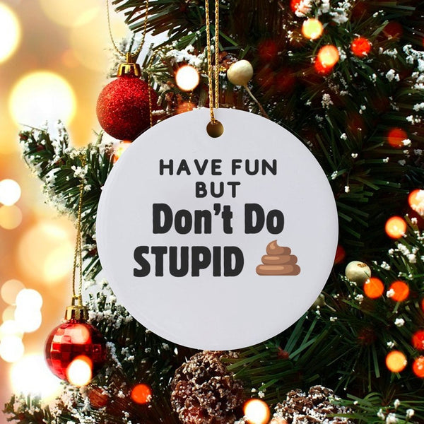 Humorous Poop Emoji Christmas Ornament, Have Fun but Don't Do Stupid Ornament, Sarcastic Ceramic Tree Ornament, Holiday Gag P