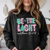 14 Hoodie, Be the Light Matthew 5, Christian Christmas Hooded Sweatshirt, Pink Green Plaid Holiday Pullover, Faith Present for Her