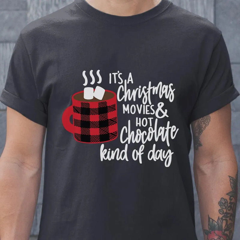 Buffalo Plaid Coffee Mug Graphic Tee, Christmas Movies Hot Chocolate T-Shirt, Hallmark Movie Watching Shirt, Comfy Holiday Season Top