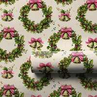 Vintage Christmas Gift Wrap, Holly Wreath Wrapping Paper, Gold Bells Holiday Wrapping Paper, Pink Bow Christmas Gift Wrap Roll