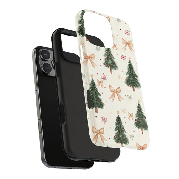 Festive Pine Trees Bows Snowflakes Cover, Christmas Tree iPhone Case, Holiday Winter Season Phone Case, Adorable Xmas Present