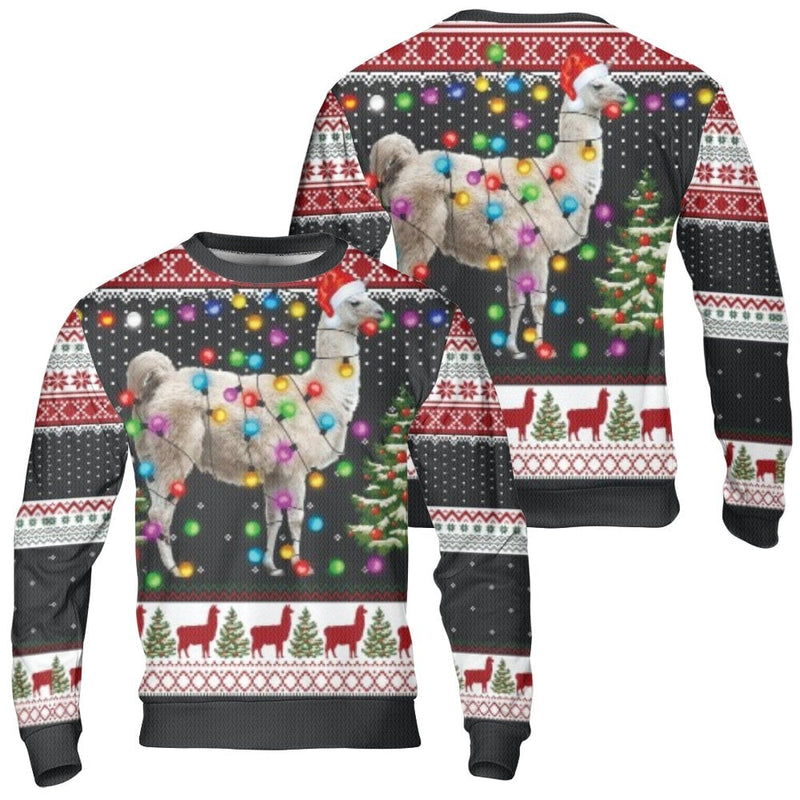 Santa Hat Llama Holiday Sweater, Llama Ugly Christmas Sweater, Festive Christmas Lights Sweater, Humorous Animal Lover Xmas Crewneck Present