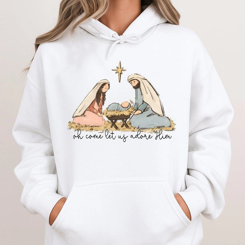 Oh Come Let Us Adore Him Sweatshirt, Nativity Scene Christmas Hoodie, Christian Bible Verse Pullover, Religious Holiday Hooded Sweater