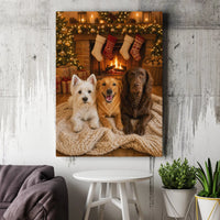 Holiday Puppy Fireplace Wall Art, Christmas Dogs by Fireplace Canvas, Comfy Dog Christmas Canvas Print, Festive Winter Dog Wall Decor