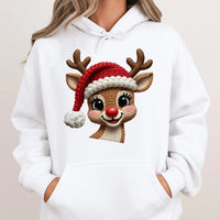 Faux Knit Red Nose Reindeer Hoodie, Reindeer Christmas Hoodie, Adorable Holiday Reindeer Graphic Hooded Sweatshirt, Xmas Present for Men and Women