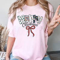 Patterned Lettering Red Bow Graphic Tee, Merry Christmas T-Shirt, Adorable Coquette Holiday Shirt, Family Christmas Graphic Top