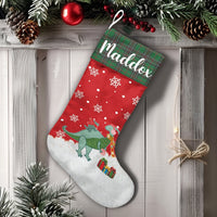 Custom Name Holiday Dino Stocking, Personalized Dinosaur Christmas Stocking, Adorable Kids Xmas Stocking, Festive Family Fireplace Decor Present