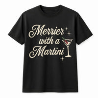 Retro Christmas Cocktail Graphic Tee, Merrier with a Martini Shirt, Humorous Holiday Drinking T-Shirt, Vintage Xmas Party Graphic T-Shirt