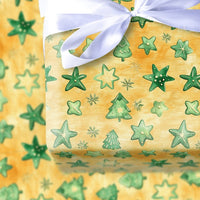 Golden Stars Holiday Gift Wrap, Watercolor Green Tree Christmas Wrapping Paper, Festive Forest Winter Wrapping Paper, Xmas Gift Wrap Roll