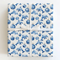 Blue Ornament Holiday Gift Wrap, Coastal Christmas Dolphin Wrapping Paper, Ocean Animal Wrapping Paper, Nautical Xmas Gift Wrapping Paper
