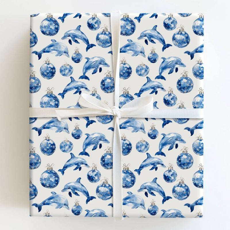 Blue Ornament Holiday Gift Wrap, Coastal Christmas Dolphin Wrapping Paper, Ocean Animal Wrapping Paper, Nautical Xmas Gift Wrapping Paper