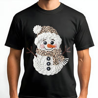 Faux Yarn Macrame Graphic Tee, Leopard Print Snowman Christmas Shirt, Adorable Holiday Snowman T-Shirt, Winter Snowman Graphic Tee Present for Her