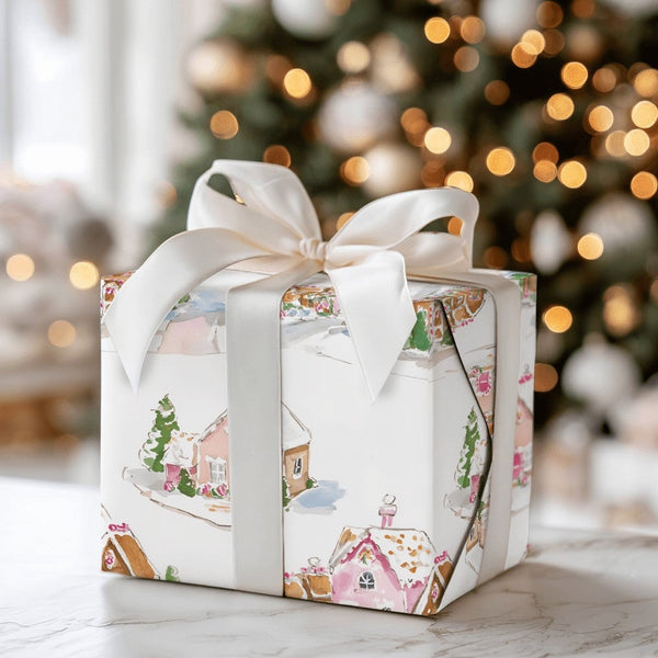 Watercolor Christmas Village Wrapping Paper, Pink Gingerbread House Gift Wrap, Sweet Holiday Village Gift Wrapping Paper, Ado