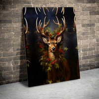 Rustic Holly Pinecone Wreath Canvas Print, Christmas Deer Canvas Wall Art, Holiday Farmhouse Deer Canvas, Winter Wildlife Animal Wall Decor