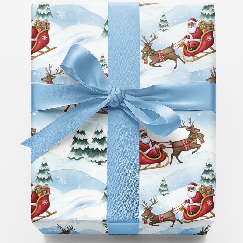Holiday Sleigh Gift Wrap, Watercolor Santa Sleigh Wrapping Paper, Adorable Christmas Wrapping Paper, Xmas Gift Wrap Roll, Family Holiday Paper