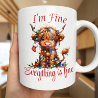 Tangled Lights Coffee Cup, Highland Cow Christmas Mug, Im Fine Everything Is Fine Ceramic Mug, Holiday Cow Lover Present, Secret Santa Cup