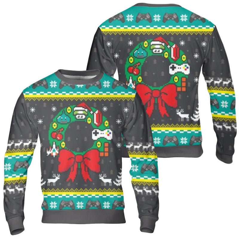 Gamer Wreath Pixel Print Pullover, 8-Bit Retro Gaming Christmas Sweatshirt, Nostalgic Ugly Xmas Party Sweater, Video Game Holiday Top