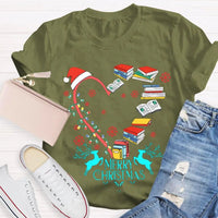 Heart Graphic Tee, Christmas Books Santa Hats Snowflakes T-Shirt, Bookish Holiday Shirt, Adorable Reader Xmas Present