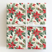Christmas Pine Botanical Gift Wrap, Watercolor Poinsettia Wrapping Paper, Red Holly Berry Wrapping Paper, Traditional Holiday Wrapping Paper