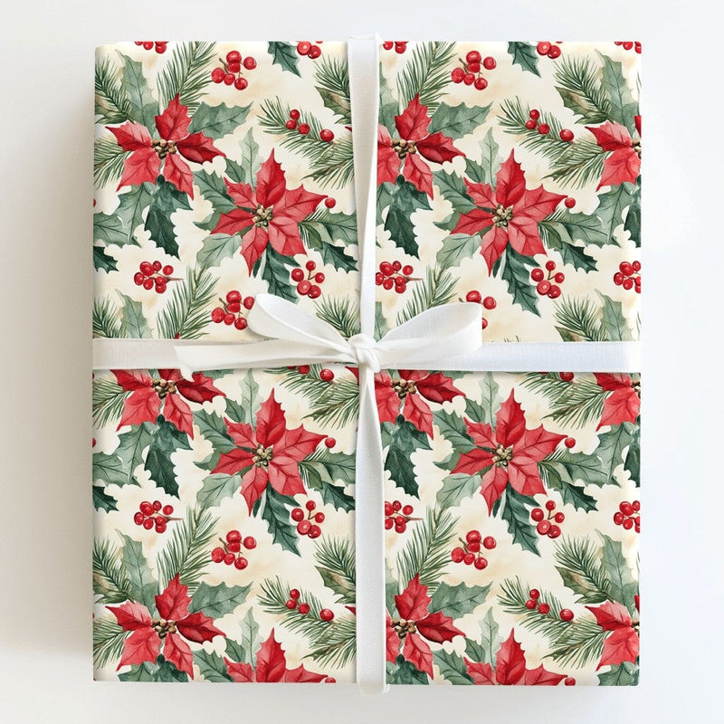 Christmas Pine Botanical Gift Wrap, Watercolor Poinsettia Wrapping Paper, Red Holly Berry Wrapping Paper, Traditional Holiday Wrapping Paper